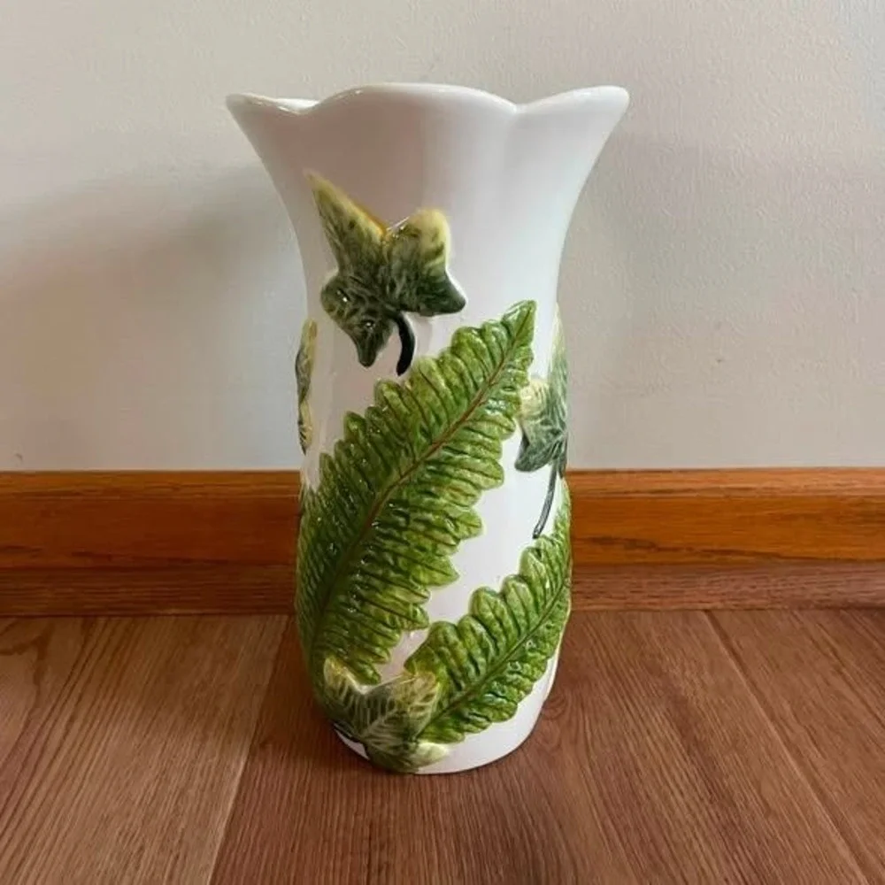 Vintage Napco Ceramic Vase White Green Fern Ivy Leaves Scalloped Rim Mid Century